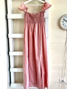 Easel Maxi Dress with Ruffled Shoulder Straps Small Pink Peach Boho Beach
